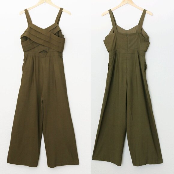 Moon River Olive Green Jumpsuit M Pleated Crisscross Cutout Wide Leg Pockets - Picture 7 of 16